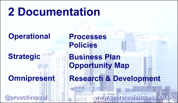 Operational docs cover Processes and Policies whereas Strategic docs include Business Plan and Opportunity Map
