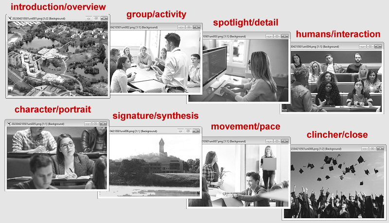 a grey scale composite image of 8 small photos labelled from Overview to Clincher illustrating life at Stirling University