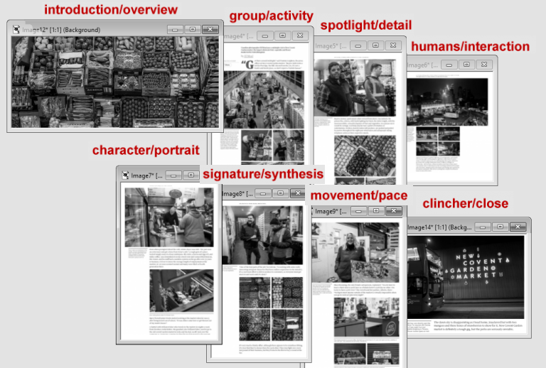 a grey scale composite image of 8 small photos labelled from Overview to Clincher illustrating life at New Convent Garden Market=