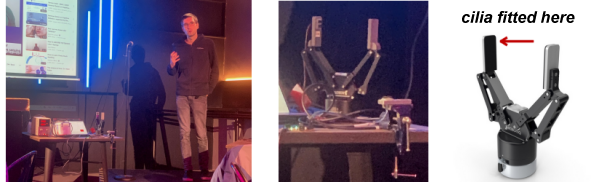 photos of a lecturer beside a table with robot devices, a close of of a two finger robot gripper, and a diagram showing that the cilia are fitted to the tip of one finger of the robot