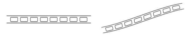 simple black and white illustration of a row of railway carriage windows, first straight and then slightly bent into an S curve