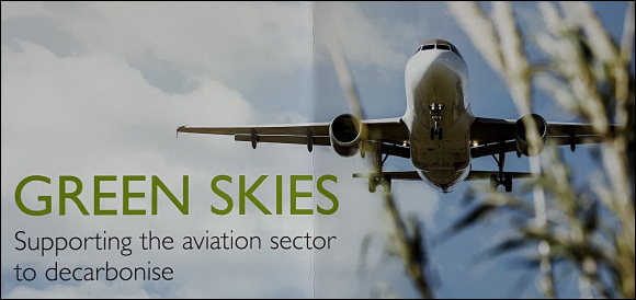 Front cover of The Green Skies Report featuring a twin engined passenger jet and seom plant life in the foreground