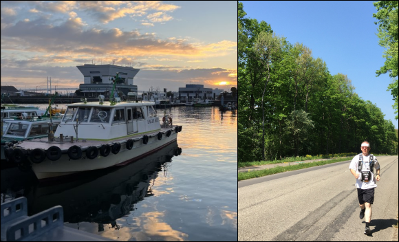Photographs showing sunrise over the marina in Yokohama. And Paul running on a rural road in France at the back of CERN near Geneva.